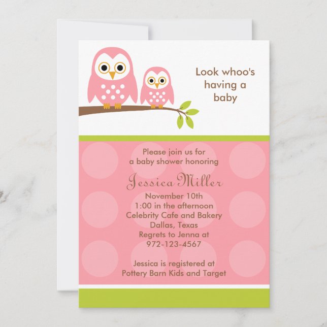Deux Chouettes roses Invitations de douche pour bé (Devant)