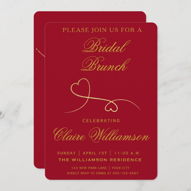Deux Coeurs d'or | Red Bridal Brunch Invitation (Devant / Derrière)