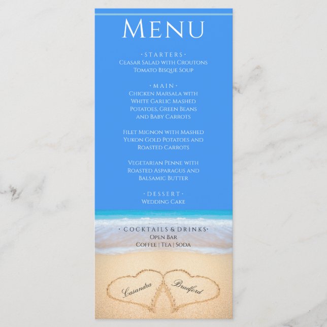 Deux coeurs sur le Beach Wedding Bright Blue Menu (Devant)