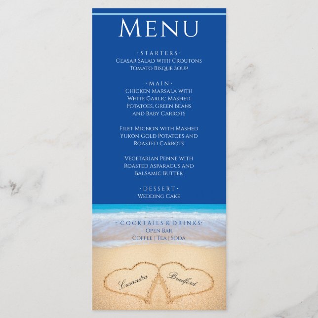 Deux coeurs sur le Beach Wedding Dark Blue Menu (Devant)