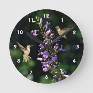 Deux Colibris En Vol Avec Horloge Murale Fleurie