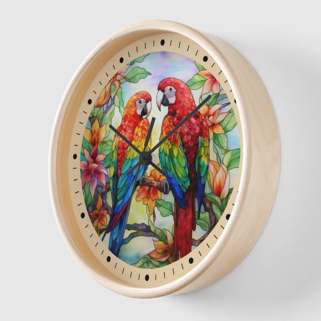 Deux De. Horloge de perroquets en verre tendu (Angle)
