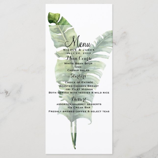 Deux élégants Palm Feuilles Tropical Mariage Menu (Devant)