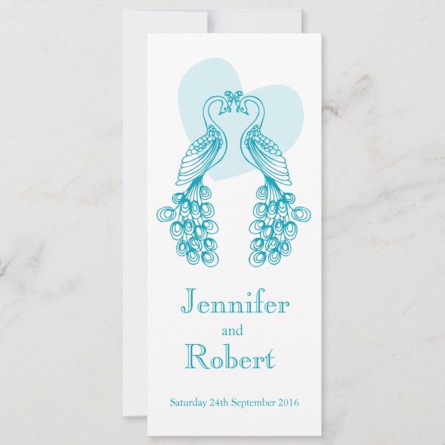 Deux faire-part de mariage turquoises Paons (Devant)
