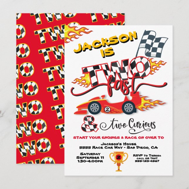 Deux Fast Race Car 2e Anniversaire Fête Invitation (Devant / Derrière)