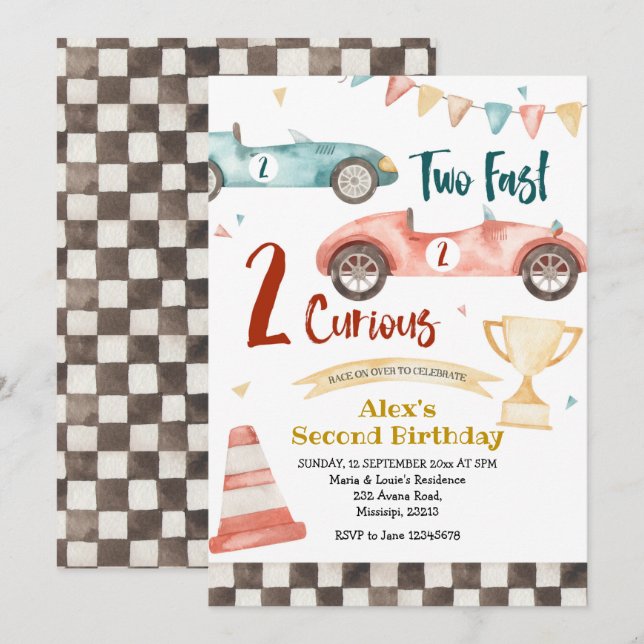 Deux Fast Two Curious Retro Racing Invitation (Devant / Derrière)