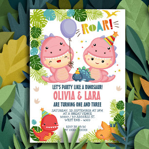 Deux Filles Dinosaur Invitation conjointe Annivers