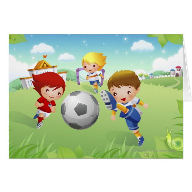 Deux filles et un garçon jouant au football (Devant horizontal)