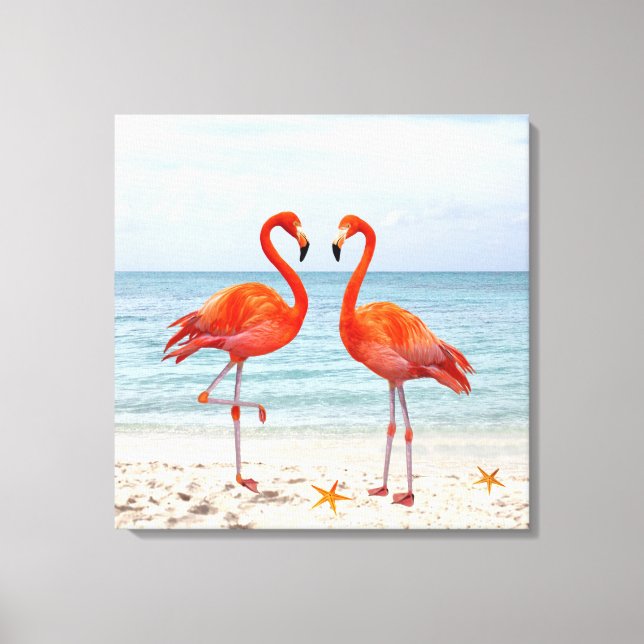 Deux Flamants roses roses vifs sur la toile de pla (Recto)