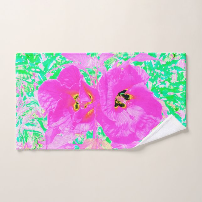 Deux Hibiscus de Plum Rose Hot Crazy sur Lime Gree (Serviette à main)