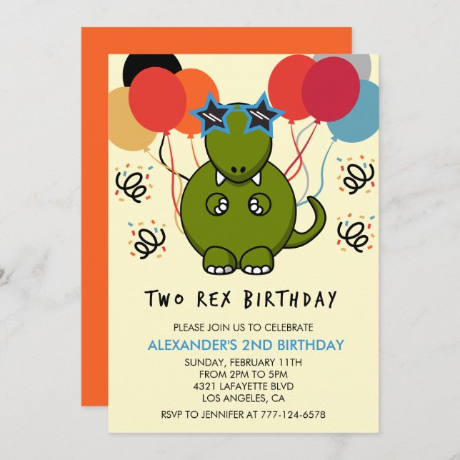 Deux invitations d'anniversaire rex Cute 2e dinomi (Devant / Derrière)