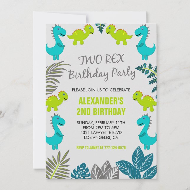 Deux invitations d'anniversaire rex garçon bleu ju (Devant)
