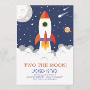 Deux la lune Rocket Ship Anniversaire Invitation