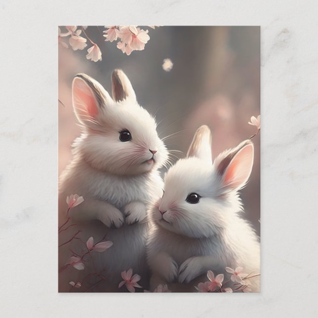 Deux lapins mignons avec carte postale de fleurs d (Devant)