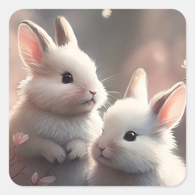 Deux lapins mignons avec sakura Carré Sticker (Devant)