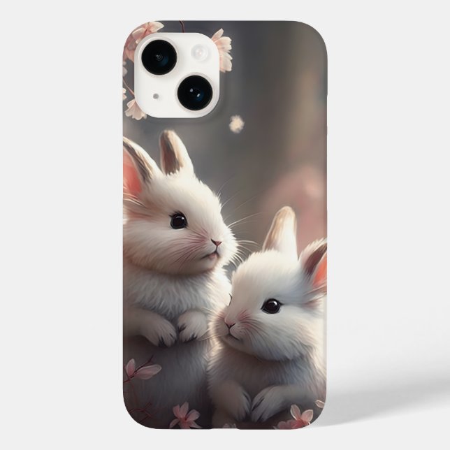 Deux lapins mignons avec sakura iPhone 14 coque (Verso)