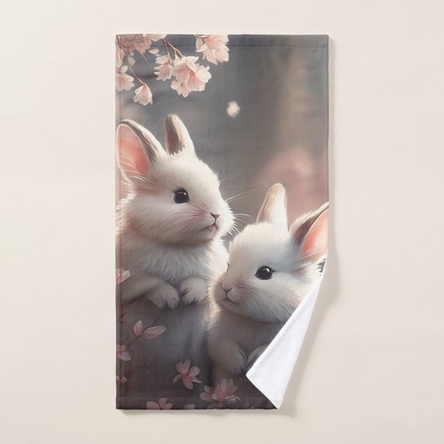 Deux lapins mignons avec serviette main sakura (Serviette à main)