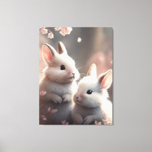 Deux lapins mignons et sakura toile étirée Imprime