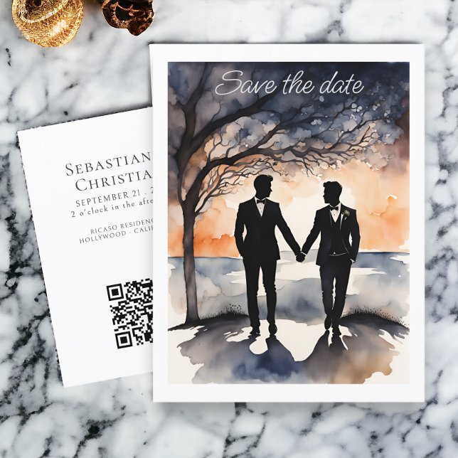 Deux mariés mariage gay carte de sauvegarde de dat (Two Grooms Gay Wedding Save the Date Announcement Postcard from Ricaso. LGBT wedding products)
