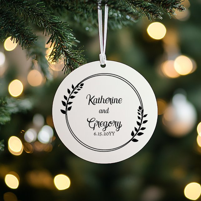 Deux noms de couronne | Mariage Date Photo Keepsak (Couple Wreath with Names Wedding Date Photo Keepsake Ornament)