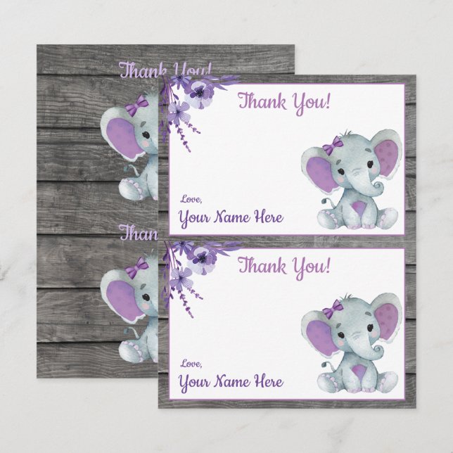 Deux par page Merci Cartes Elephant Purple (Devant / Derrière)