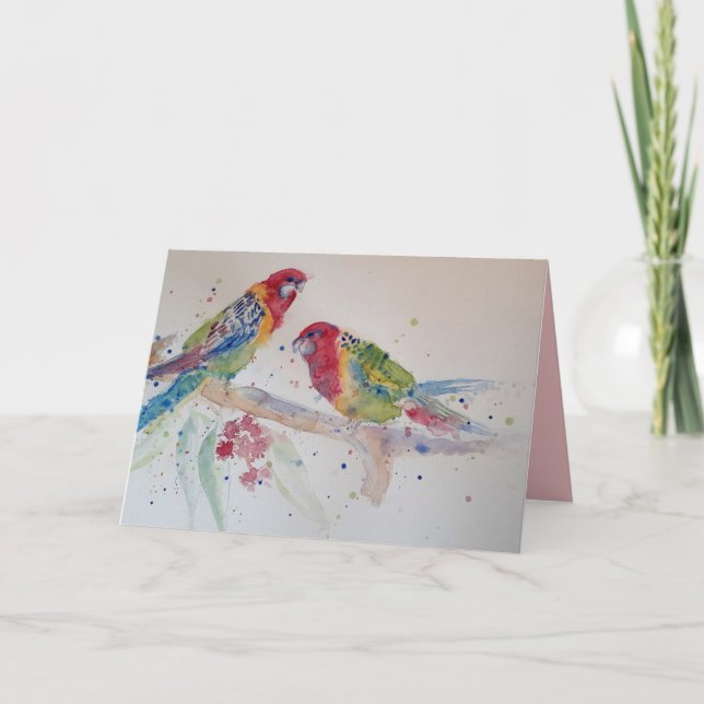 Deux perroquets Rosella Aquarelle sur une carte à  (Devant)