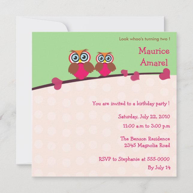Deux Petits Chouettes - invitation de fête d'anniv (Devant)