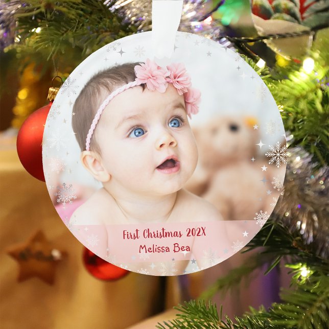 Deux photos d'élégants flocons de neige de Noël (Modern Elegant Cute Minimalist First Christmas Baby Personalized Name 2 Photos Snowflakes)