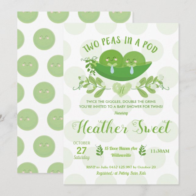 Deux pois dans une invitation de baby shower de (Devant / Derrière)