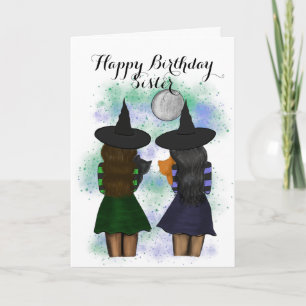 Deux Sorcières Soeurs Avec Chats Carte Anniversair