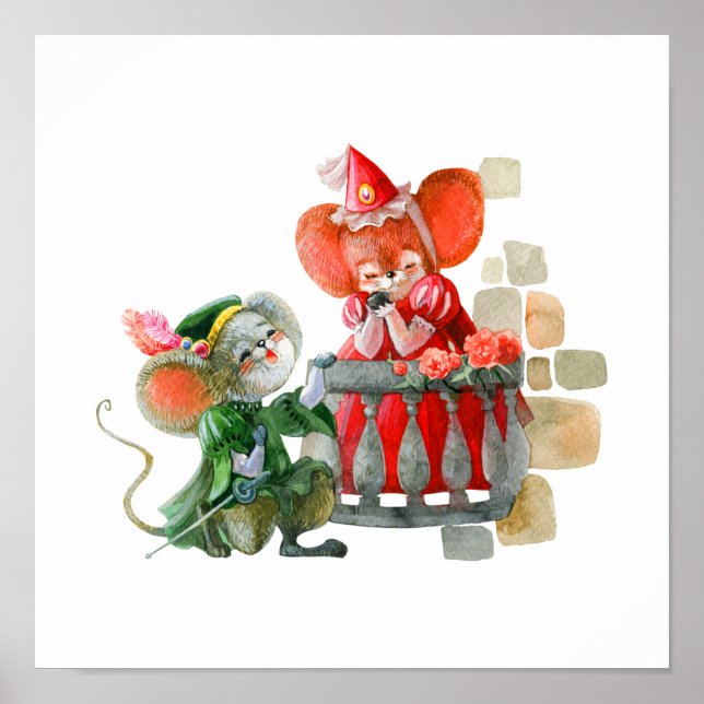 Deux Souris Mignonnes Amoureuses sur Balcon Poster (Devant)