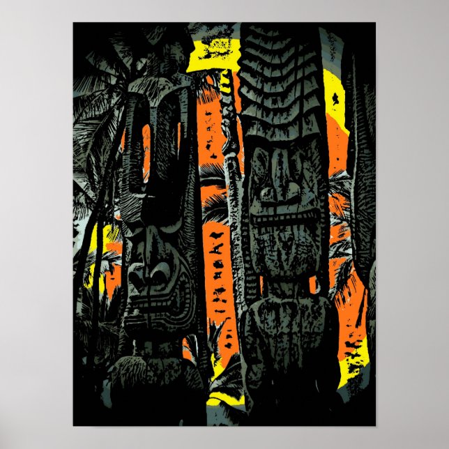 Deux statues de tiki lever de soleil poster tropic (Devant)