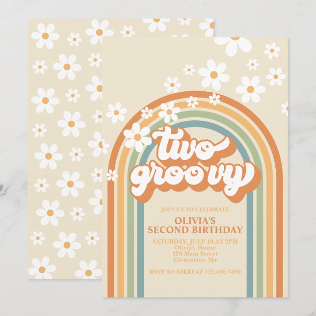 Deux Super Retro Rainbow Daisy Invitation Annivers (Devant / Derrière)