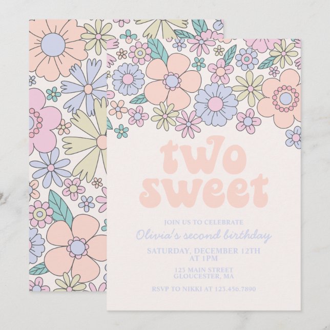 Deux Sweet Retro Floral 2e anniversaire Invitation (Devant / Derrière)
