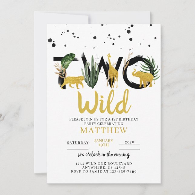 Deux Wild Gold Safari Invitation d'anniversaire (Devant)