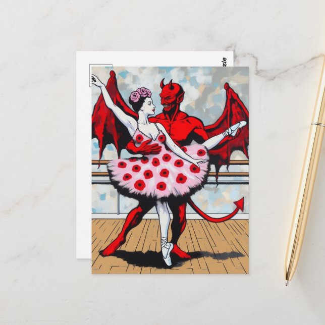 Devil Dances With ballerina in a Poppy Dress Postcard (Front/Back In Situ)