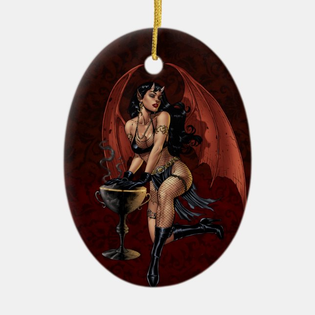 Devil Girl Witch's Cauldron Smoking Gothic Art Ceramic Ornament (Front)