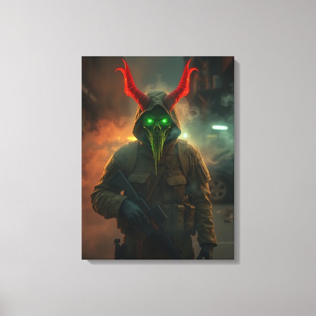Devil Soldier with Glowing Skull Mask-Dark Gothic Canvas Print (Front)