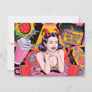 Devilish Woman at the Retro Diner Comic Book Postcard