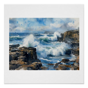 Devils Churn Waves Against Rocks, Poster