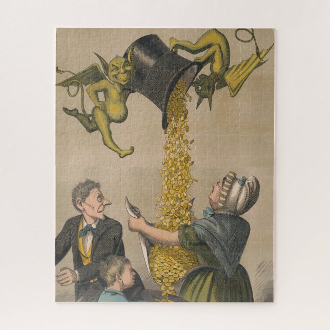 Devils Pouring Gold Coins Into Woman's Apron Jigsaw Puzzle (Vertical)