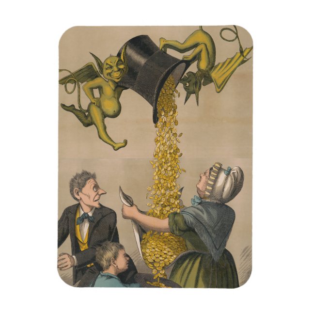 Devils Pouring Gold Coins Into Woman's Apron Magnet (Vertical)