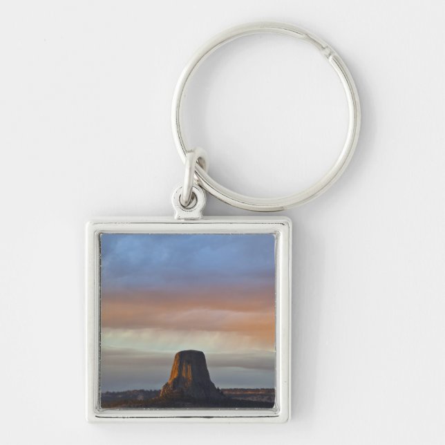 Devils Tower National Monument, Storm at Sunset Keychain (Front)