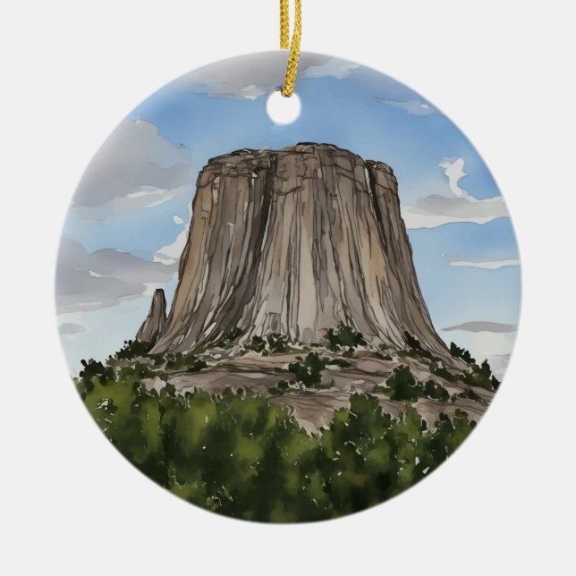 Devils Tower National Monument Wyoming Watercolor Ceramic Ornament (Front)