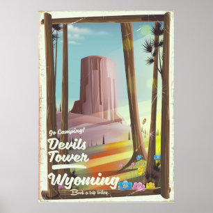 Devils Tower, Wyoming vintage Camping print. Poster