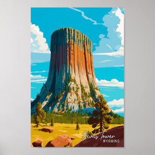 Devils Tower Wyoming Vintage Travel Illustration Poster
