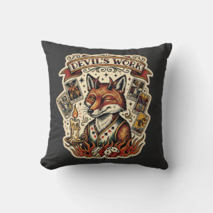 Devils Work Sly Fox Tarot Card Tattoo Flash Mystic Throw Pillow