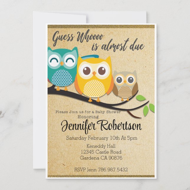 Devine qui a presque dû Owl Baby shower invitation (Devant)