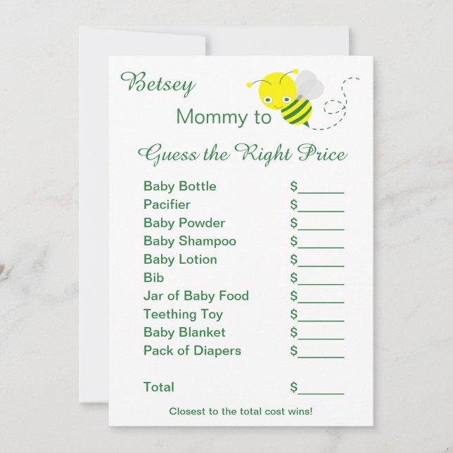Devinez le bon prix Baby shower cartes de jeu (Devant)