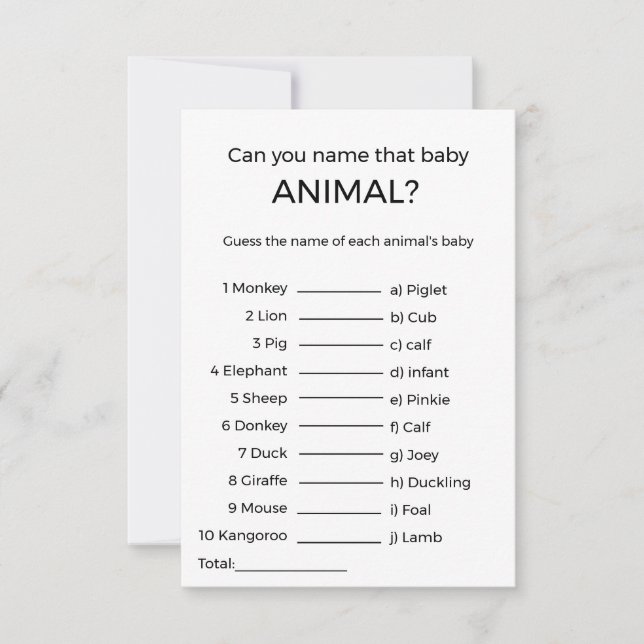 devinez le nom bébé animal baby shower jeu Carte (Devant)